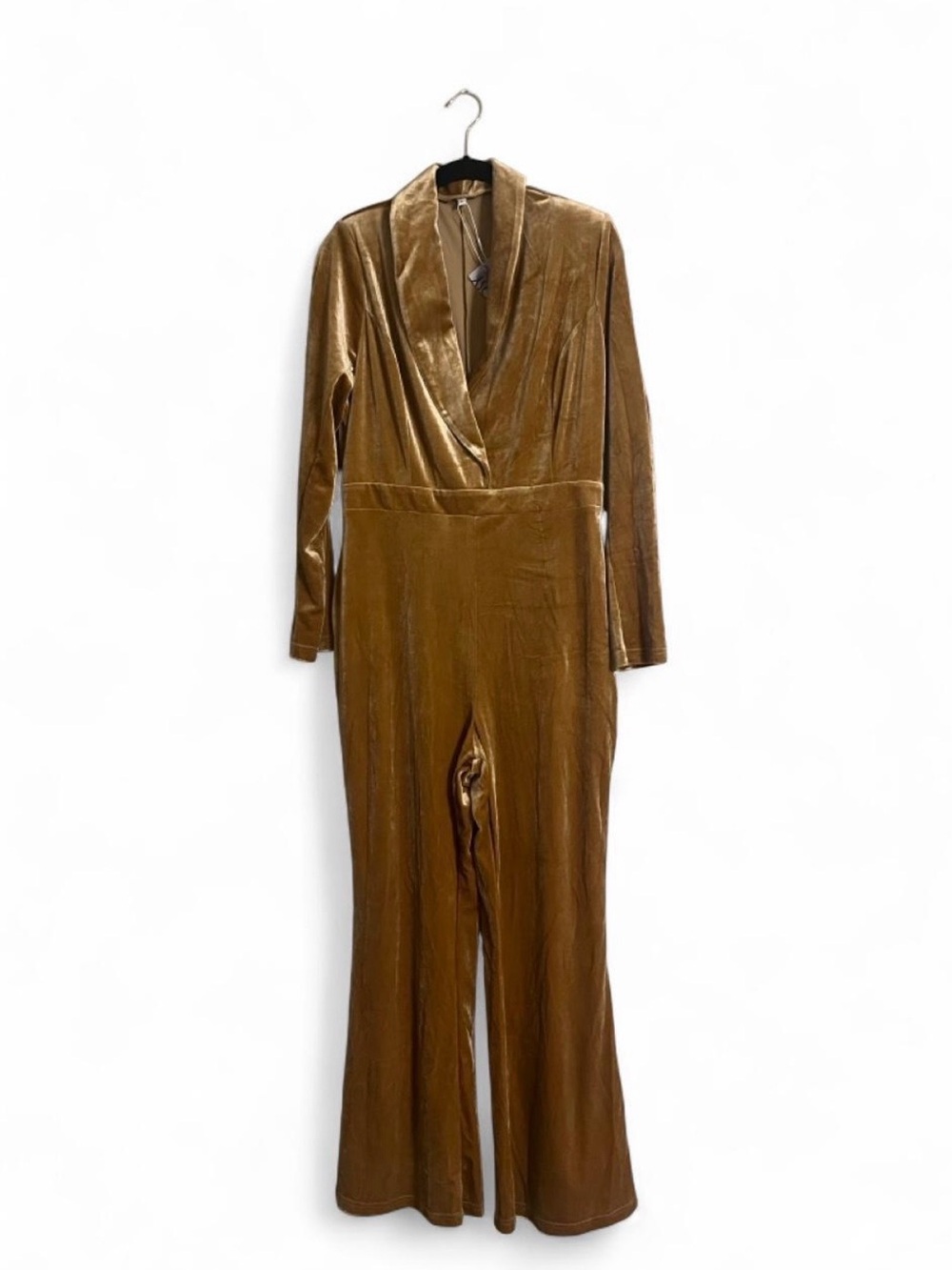 Oyrosy Jumpsuit Sz M Mustard Velvet Long Sleeves Pockets Wide Leg 70’s Look